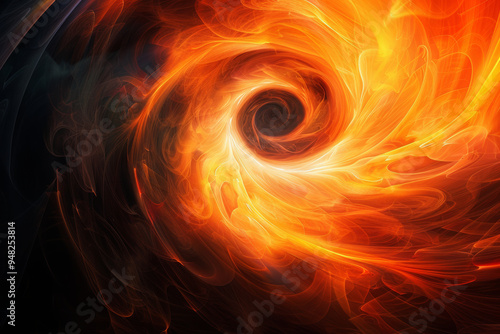 A swirling vortex of orange and red flames, creating an intense visual effect on the background. The swirls form complex patterns that resemble fiery ribbons dancing in the air. 