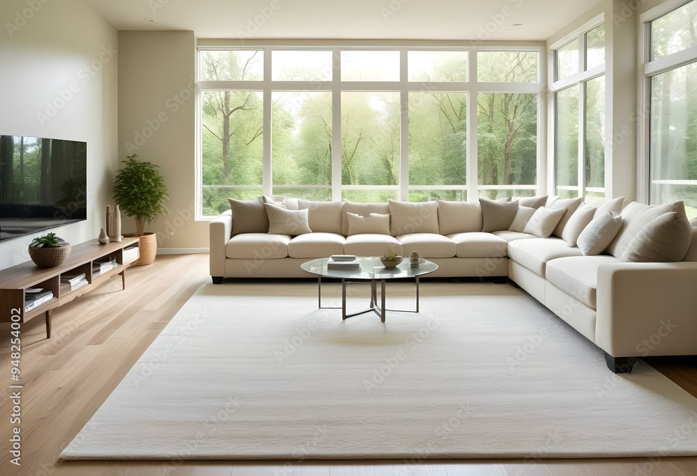 A large, comfortable sectional sofa in a bright, airy living room with large windows overlooking a lush, green outdoor scene. A large, comfortable sectional sofa in a bright, airy living room with large windows overlooking a lush, green outdoor scene.