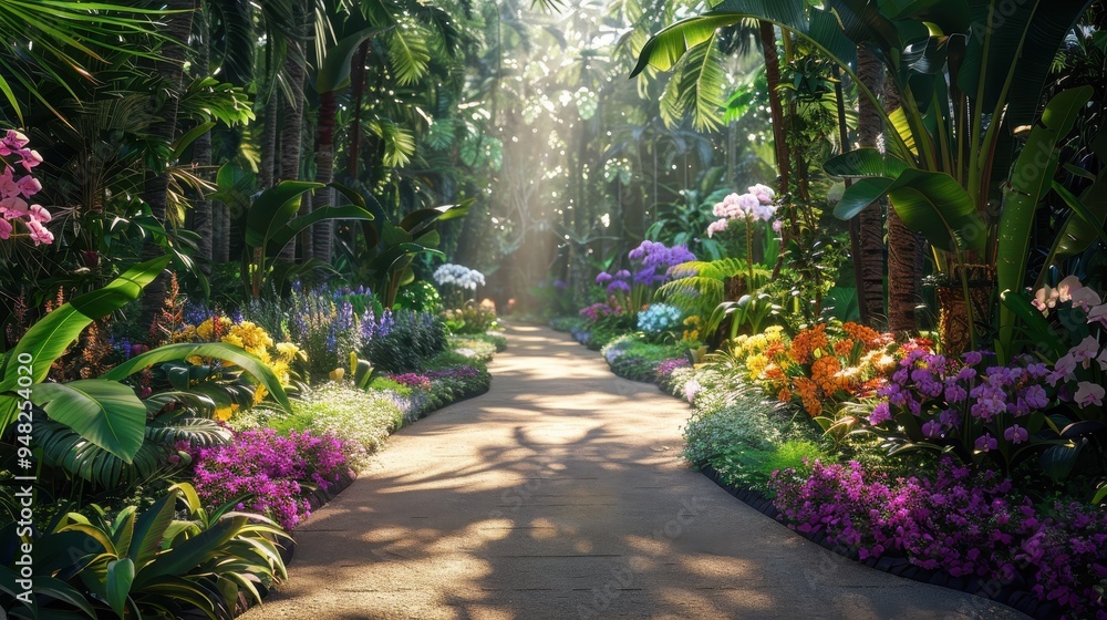 Sunlit Path Through Lush Tropical Garden with Colorful Flowers Sunlit Path Through Lush Tropical Garden with Colorful Flowers
