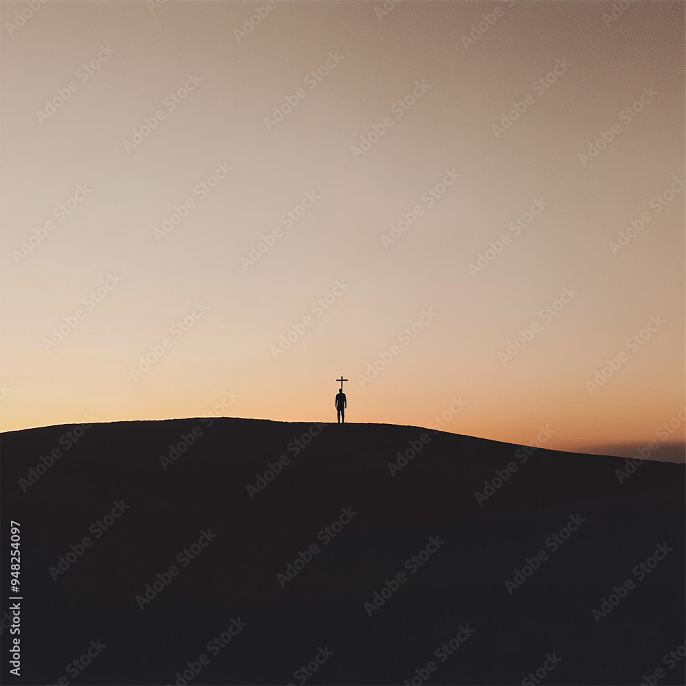 Minimalistic landscape. Silhouette of a cross and a man. Christian background Minimalistic landscape. Silhouette of a cross and a man. Christian background