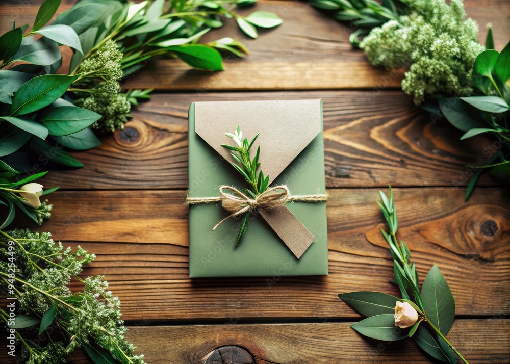 Elegant sage green wedding invitation lies on a rustic wooden table amidst lush greenery, exuding a serene and sophisticated ambiance, perfect for an intimate celebration. Elegant sage green wedding invitation lies on a rustic wooden table amidst lush greenery, exuding a serene and sophisticated ambiance, perfect for an intimate celebration.