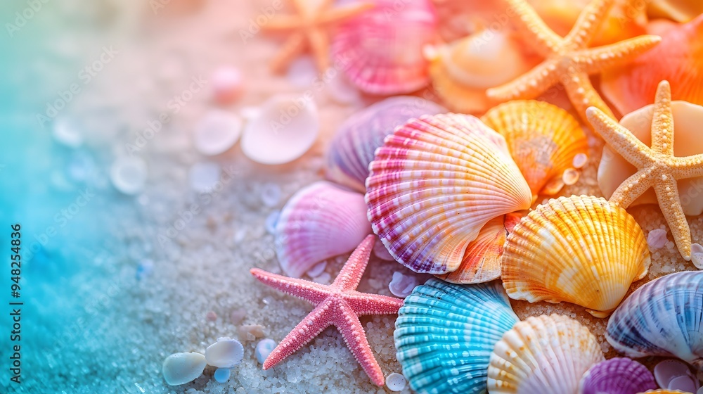 Vibrant collection of colorful seashells and starfish, bright pastel hues, rainbow assortment of scallops, conches, and sand dollars, soft iridescent textures, beach theme. Vibrant collection of colorful seashells and starfish, bright pastel hues, rainbow assortment of scallops, conches, and sand dollars, soft iridescent textures, beach theme.