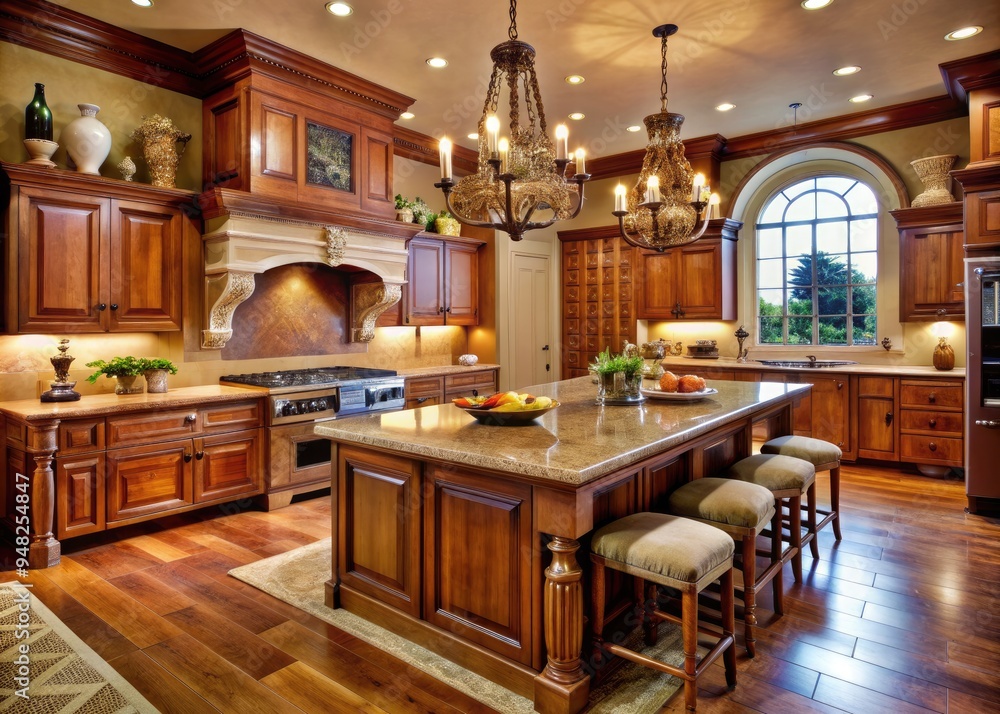 Elegant French-inspired kitchen features warm wood cabinets, rich countertops, and ornate fixtures, creating a sophisticated backdrop for culinary creations and cozy gatherings. Elegant French-inspired kitchen features warm wood cabinets, rich countertops, and ornate fixtures, creating a sophisticated backdrop for culinary creations and cozy gatherings.