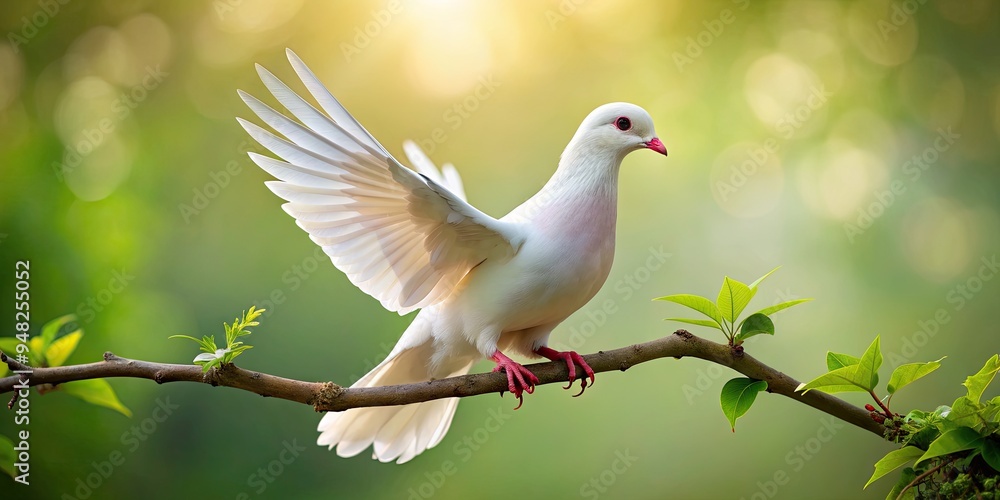 A serene white dove perches on a delicate branch, its gentle wings spread wide, symbolizing harmony, serenity, and peaceful coexistence in a soft, natural light. A serene white dove perches on a delicate branch, its gentle wings spread wide, symbolizing harmony, serenity, and peaceful coexistence in a soft, natural light.