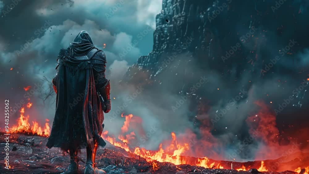 A lone warrior stands amidst volcanic ash and glowing embers in a dark ...