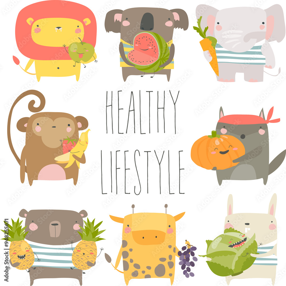 Cartoon animals holding fruits and vegetables on white background