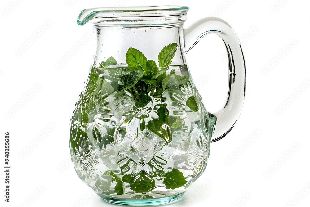 Mint water with ice cubes and mint leaves isolated on white background Mint water with ice cubes and mint leaves isolated on white background
