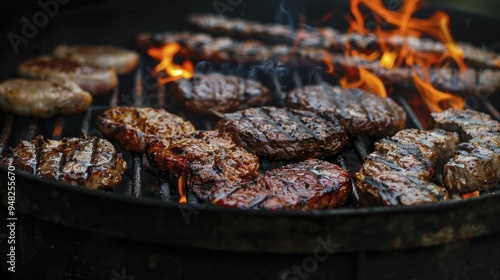 Barbecue fire pit featuring an assortment of meats sizzling over open flames, evoking the rich aroma of wood-smoked flavors and the inviting atmosphere of alfresco dining.