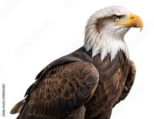 A majestic bald eagle, perched alertly, with its white head and powerful yellow beak contrasting against its dark brown body. Isolated on a white background, ideal for symbolizing freedom, strength, a photo