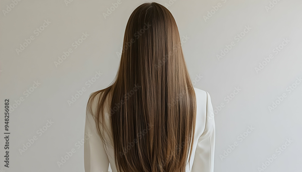 Woman with long straight brown hair back view white background Woman with long straight brown hair back view white background