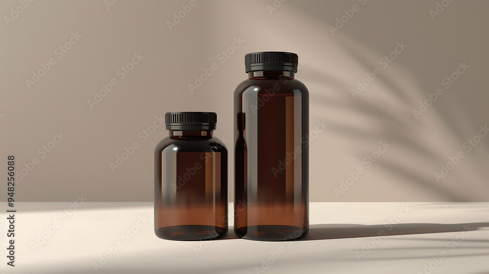 Two amber glass bottles with black lids stand on a white surface with a soft light and a shadow from a window. Two amber glass bottles with black lids stand on a white surface with a soft light and a shadow from a window.