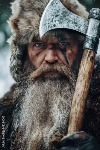 a fearsome Norwegian warrior viking with an axe, beard, background, handy, mobile phone, 2:3 photo