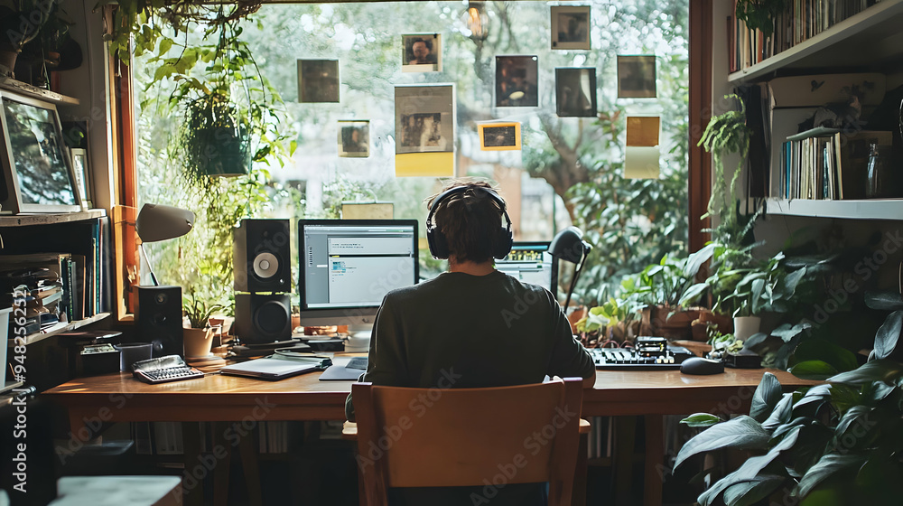 Man Working on Computer with Headphones in a Home Office with Window View Man Working on Computer with Headphones in a Home Office with Window View