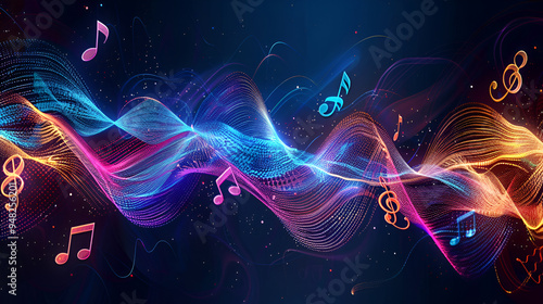 a picture of abstract music background with notes and bokeh lights,  Abstract background with colorful glowing waves
