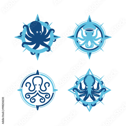 the Octopus with compas illustration mascot logos