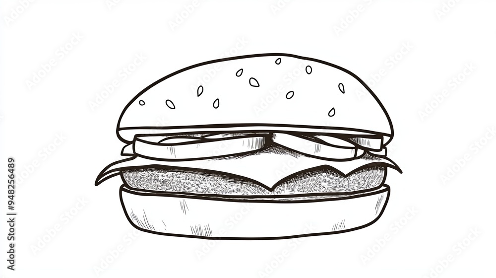 A simple line drawing of a cheeseburger with lettuce and onion. A simple line drawing of a cheeseburger with lettuce and onion.