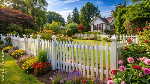 A picturesque white picket fence surrounding a charming garden