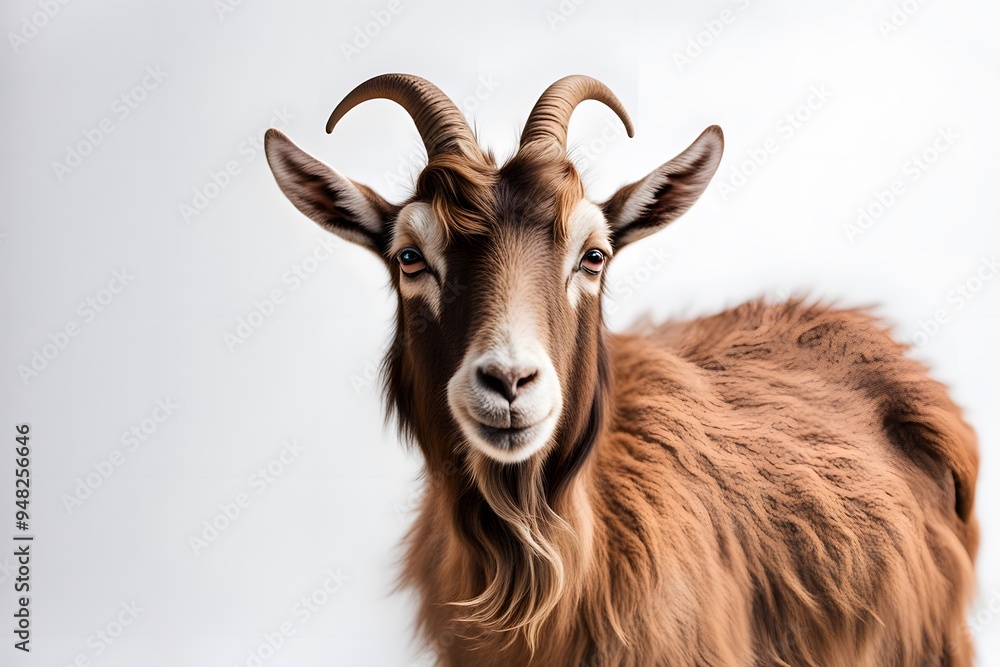 Fototapeta premium A friendly brown goat with a small beard standing on a white background, AI generated