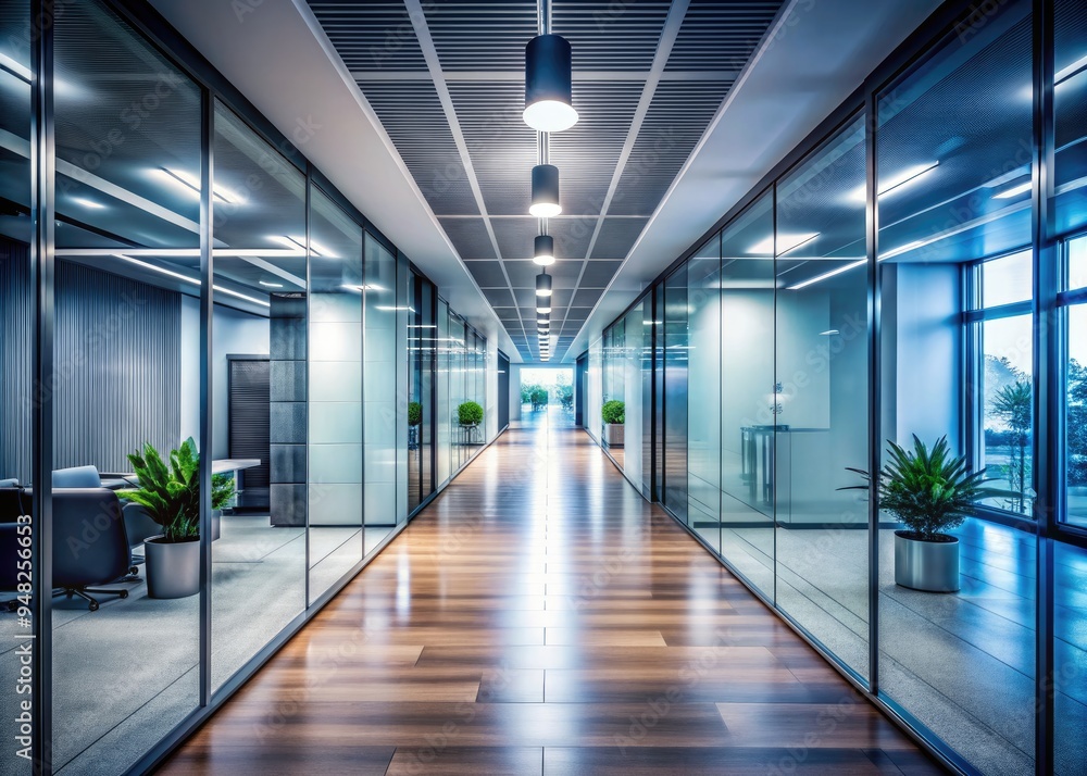 Fototapeta premium Sleek modern office with a long, well-lit corridor and blurred background rooms, perfect for corporate presentations, wallpapers, and backdrops conveying professionalism and sophistication.