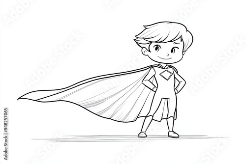 A simple line drawing of a child dressed as a superhero with a cape.