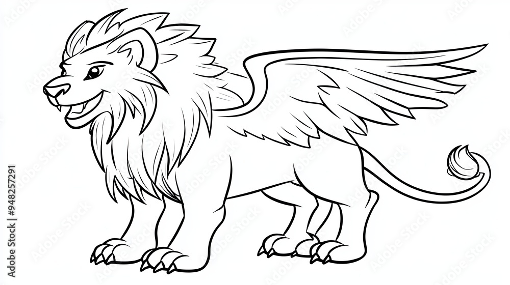 A black and white line drawing of a griffin, a mythical creature with the head and forelegs of a lion and the wings and tail of an eagle. A black and white line drawing of a griffin, a mythical creature with the head and forelegs of a lion and the wings and tail of an eagle.