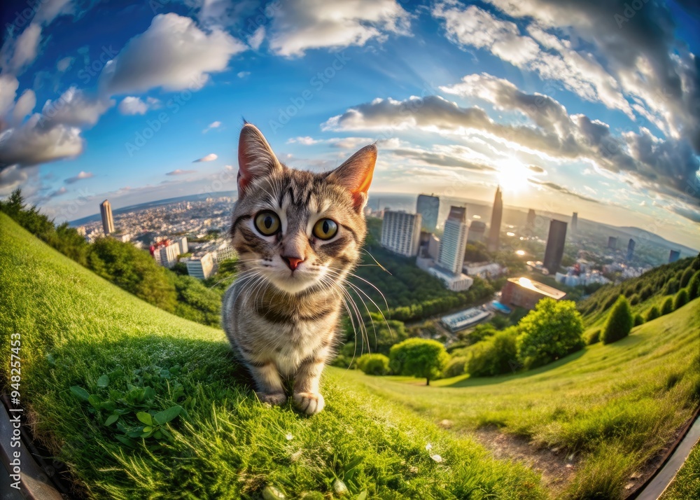 Obraz premium Adorable kitten sits alone on a lush green hill overlooking a majestic city skyline, snapping a playful selfie with a unique fisheye lens perspective.