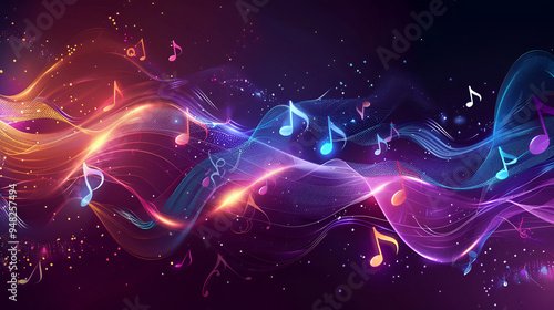 a picture of abstract music background with notes and bokeh lights, Abstract background with colorful glowing waves