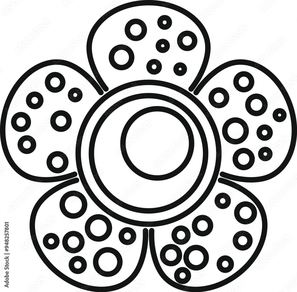 Black and white line drawing of a baby pacifier with a flower shape, helping soothe babies Black and white line drawing of a baby pacifier with a flower shape, helping soothe babies