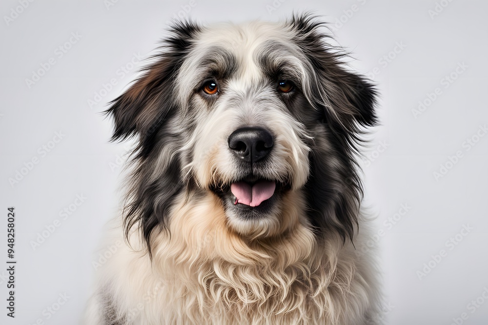 A friendly sheepdog with a shaggy coat sitting on a white background, AI Generated A friendly sheepdog with a shaggy coat sitting on a white background, AI Generated
