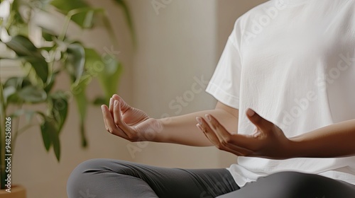 An African American woman in her late thirties is practicing yoga on the floor, one hand raised at shoulder height while the other points towards it, enveloped in a peaceful atmosphere