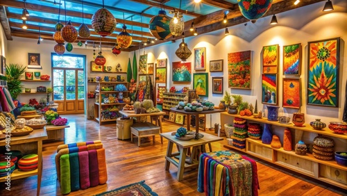 Vibrant colors and eclectic displays of handmade crafts, paintings, and sculptures fill a trendy boutique, blurring the lines between art gallery and retail shopping experience.