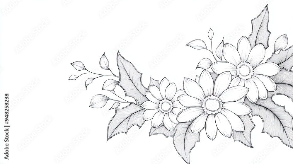 Hand drawn sketch of a floral arrangement with daisies and leaves on a white background. Hand drawn sketch of a floral arrangement with daisies and leaves on a white background.