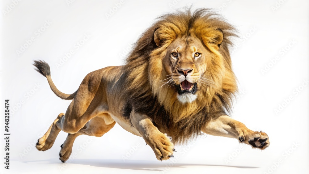Obraz premium Powerful adult male lion jumps with open mouth, showcasing fierce strength and agility, set against a clean white background, emphasizing majestic silhouette.