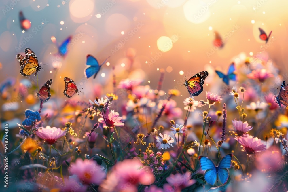 Colorful Butterflies Flying Through a Field of Wildflowers at Sunset Colorful Butterflies Flying Through a Field of Wildflowers at Sunset