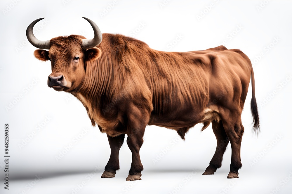 A large strong ox with thick muscles standing on a white background, AI generated A large strong ox with thick muscles standing on a white background, AI generated