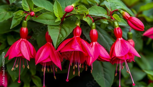 Large red fuchsia flowers with long, dense petals forming an elegant bell shape photo