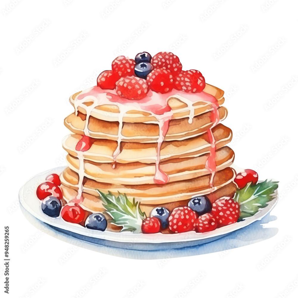 custom made wallpaper toronto digitalDelicious watercolor painting of a pancake stack with fresh berries and syrup on a plate. Breakfast food illustration.