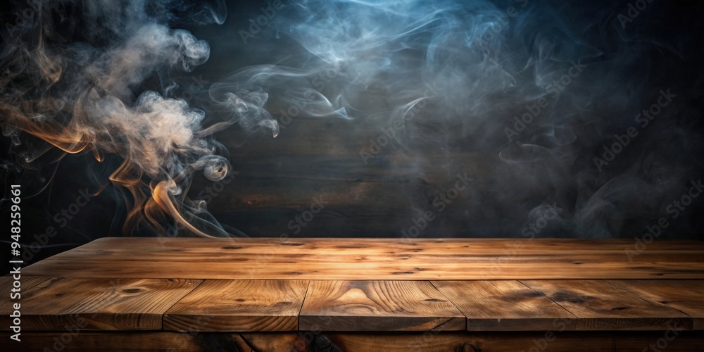 Dark, empty wooden table with smoke drifting up against a dark wall background, perfect for decoration and ambiance Dark, empty wooden table with smoke drifting up against a dark wall background, perfect for decoration and ambiance