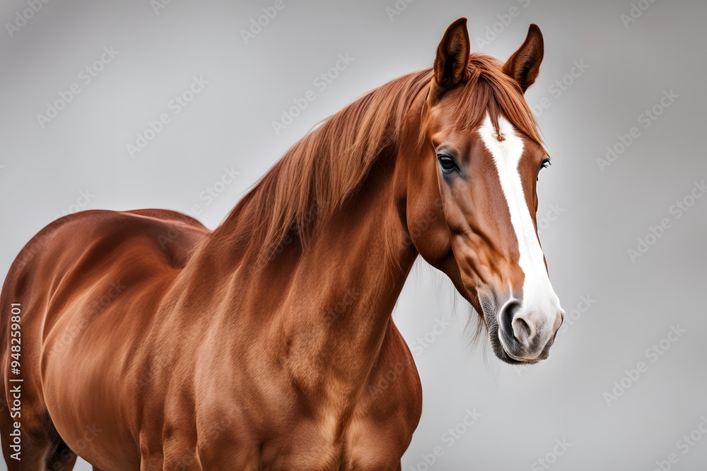 A majestic chestnut horse with a white blaze on its face standing on a white background, Ai Generated A majestic chestnut horse with a white blaze on its face standing on a white background, Ai Generated