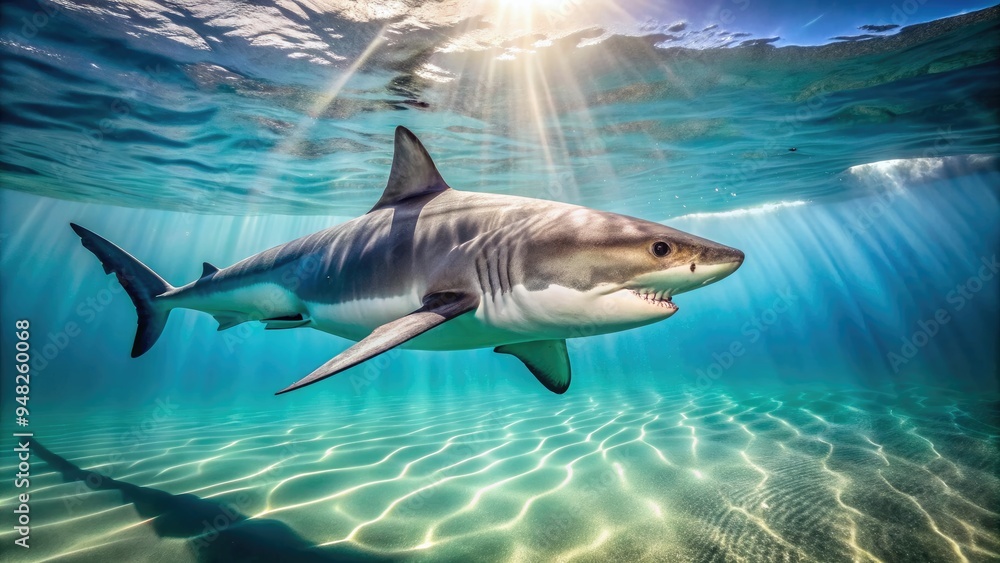 Fototapeta premium Powerful great white shark swims through crystal-clear turquoise water, its sleek grey body and sharp fins slicing effortlessly through the sun-drenched ocean surface.