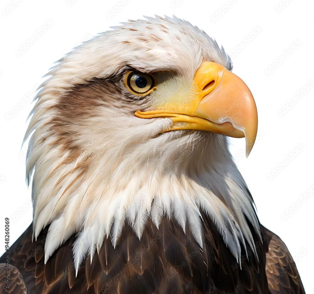 Obraz premium A close-up portrait of a majestic bald eagle, showcasing its sharp yellow beak, piercing eyes, and iconic white head feathers. Isolated on white, perfect for wildlife publications, patriotic designs, 