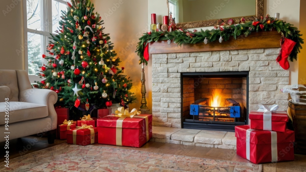 room with fireplace, christmas tree and christmas decorations room with fireplace, christmas tree and christmas decorations