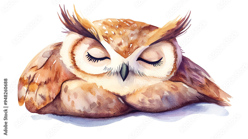 Naklejka premium cute owl sleeping water color illustration. ai generative.