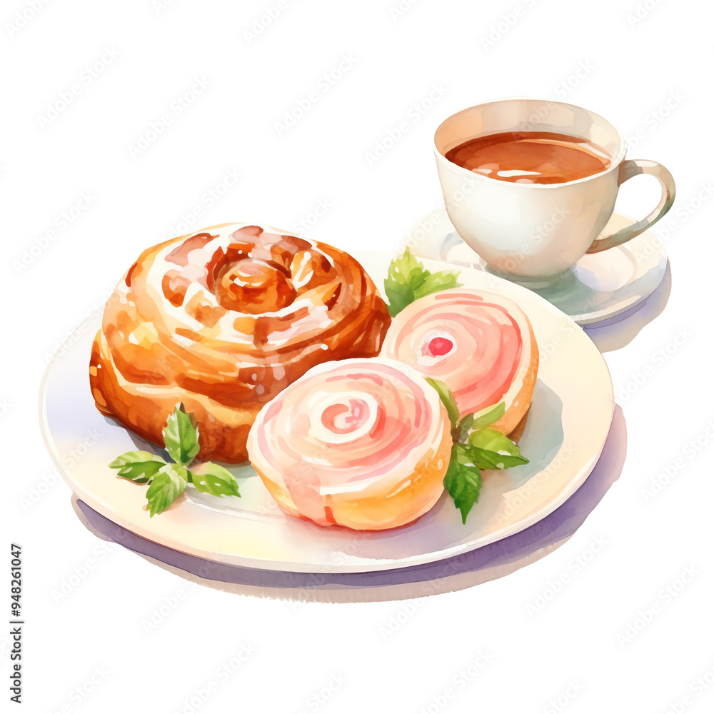 Delicious pastries with a cup of coffee on a white plate. Fresh cinnamon roll and fruity treats make for a perfect breakfast or snack. Delicious pastries with a cup of coffee on a white plate. Fresh cinnamon roll and fruity treats make for a perfect breakfast or snack.