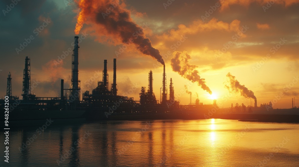 A sunset over a large industrial area with smoke coming from the factories A sunset over a large industrial area with smoke coming from the factories