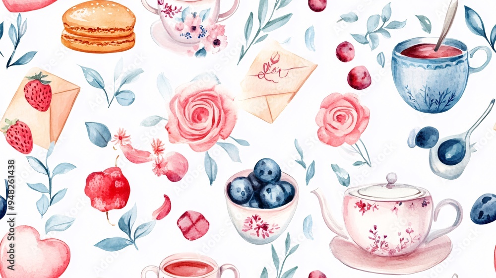 A watercolor painting of a table with a variety of food and drink items A watercolor painting of a table with a variety of food and drink items