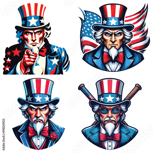 Vector illustrations of Uncle Sam, patriotic mood, various poses, isolated on white background