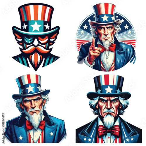 Patriotic Uncle Sam illustrations with serious expressions, vibrant colors, perfect for U.S. celebrations