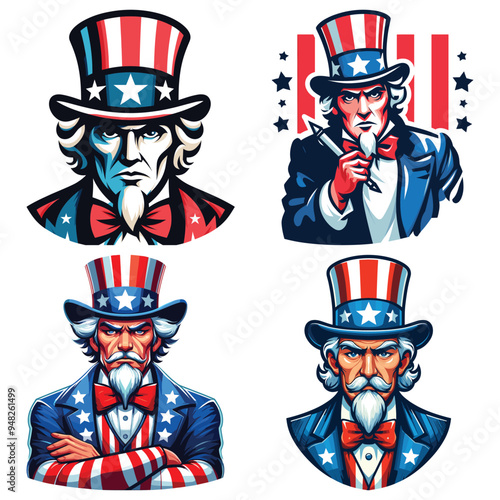 Uncle Sam stern cartoon portraits patriotic theme vector illustrations on white background