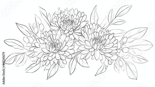A black and white line drawing of three chrysanthemums with leaves and berries.